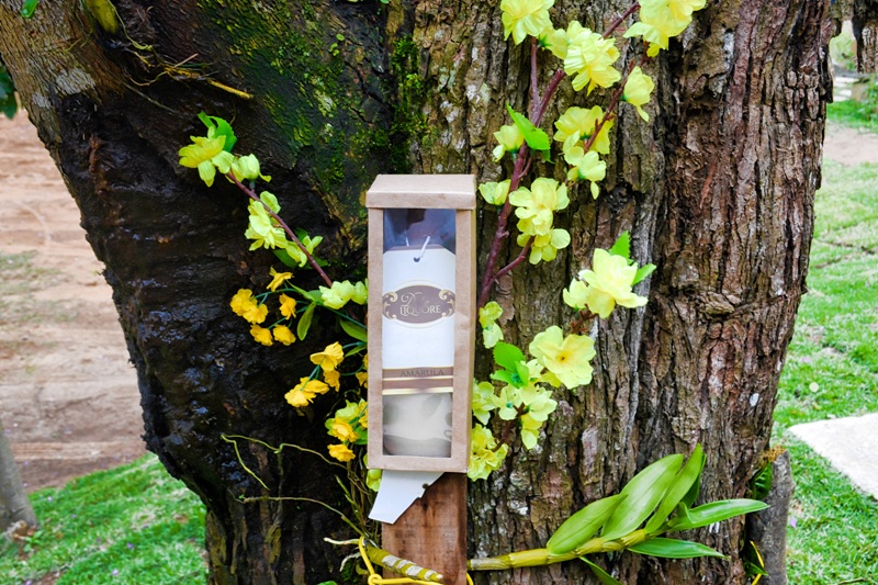 foto-mostra-garrafa-de-licor-no-sabor-amarula-em-um-tronco-de-arvores-repleto-de-flores-nas-cores-amarelas-laranjas-e-verde